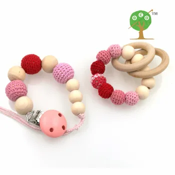 Retail nursing toy set pastel Pink Natural Baby pacifier clip Dummy holder Crochet wooden beaded new mommy baby girl gift NT130