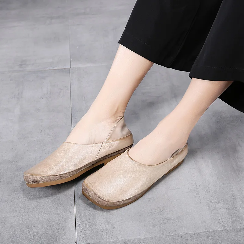 

ACTMDALL Original Literary Retro Women Flat Shoes Soft Bottom Loafers Square Toe Leather Baotou Female Slippers