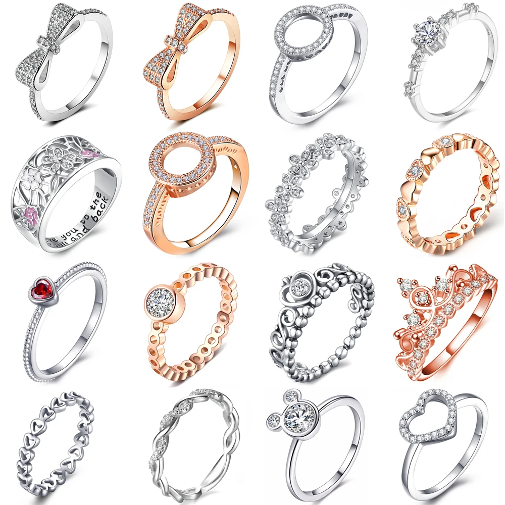 

Special Offer 30 Styles Silver Finger Ring Stackable Party Bow-Knot Crown Pan Ring For Women Couple Original Jewelry Gift