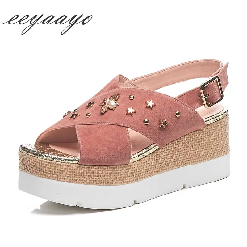 

2019 New Summer Genuine Leather Women Sandals High Wedge Heel Buckle Fashion Casual Kid Suede Women Platform Shoes Pink Sandals
