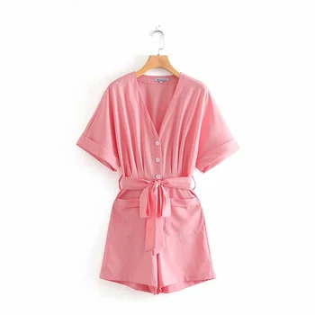 

Summer Fashion Women Pink Playsuit 2019 Female Caual Slim Waist With Belt V-neck Short Jumpsuit For Chic Lady combinaison femme