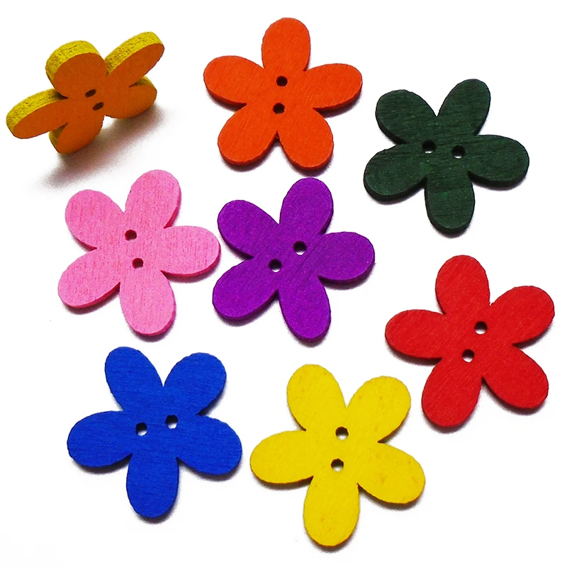

ZIEENE 10PCs-100PCs Mixed 7 Colors Kids Dyed Big Plum Flower Wooden Buttons 2 Holes Sewing Scrapbooking Handmade Crafts 24x24mm
