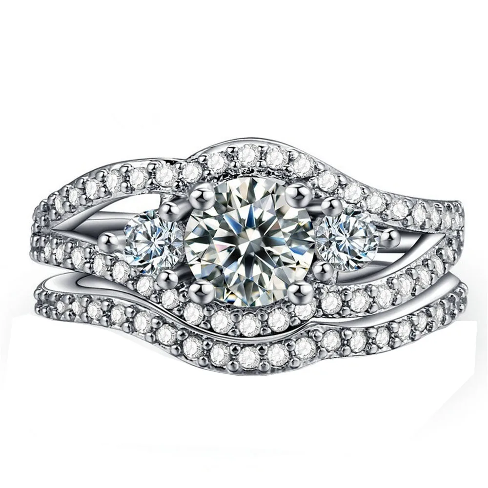 2-3 шт набор свадебных колец принцесса огранка огромный белый циркон серебряный цвет обручальные кольца Свадебная Праздничная бижутерия с кольцами - Цвет основного камня: 3187