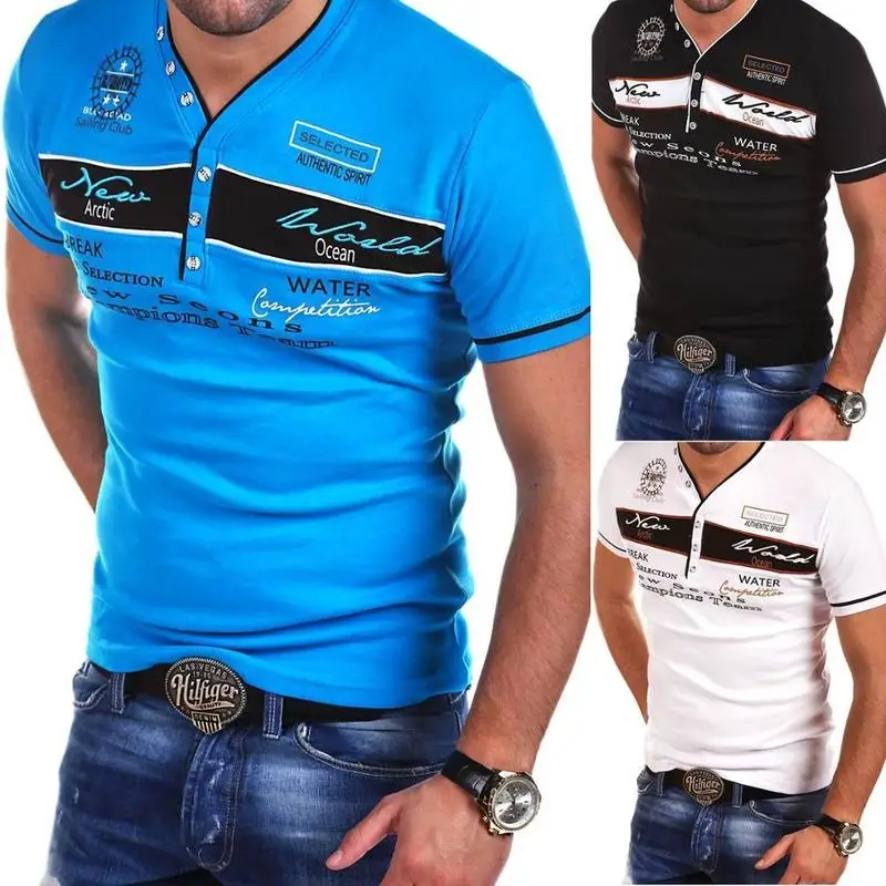 

ZOGAA Men Polo Shirt Short Sleeve Cotton V-neck Casual Slim Fit Letter Printed Polo Shirts Summer Tops Men Shirt Polo Plus Size