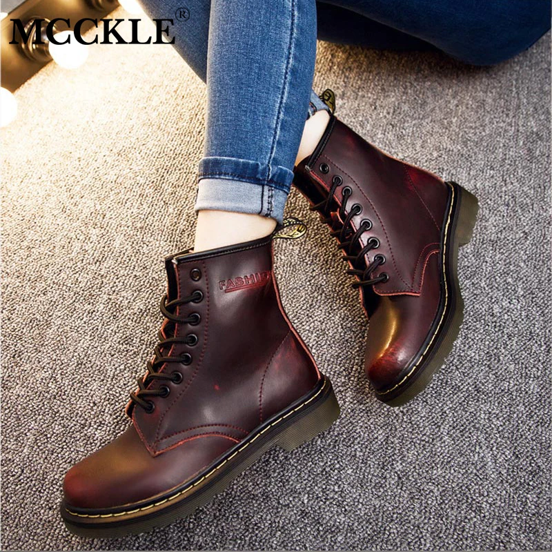 

MCCKLE Plus Size Women Flat Platform Ankle Boots Female Lace Up Genuine Leather Creeper Short Boots Shoes Ladies Fashion