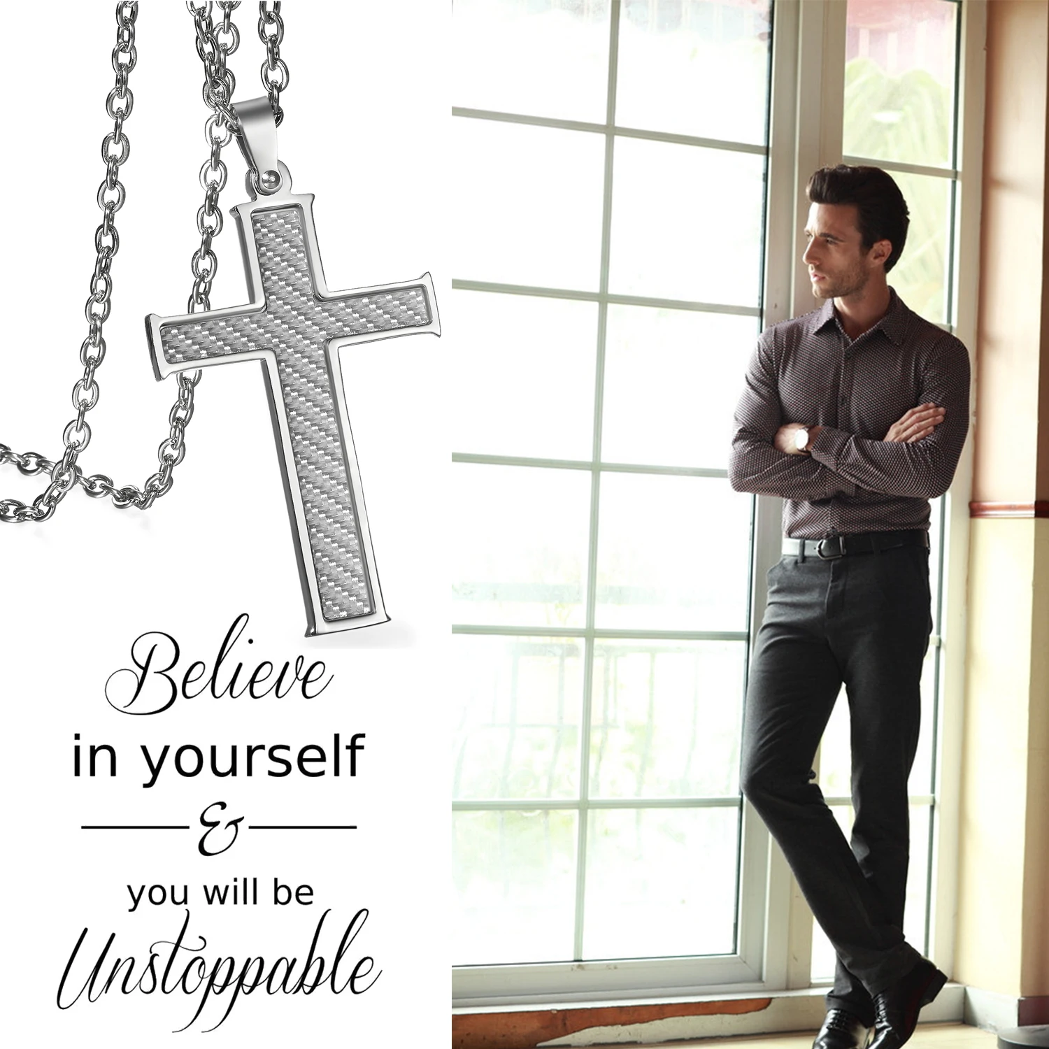 BONISKISS Carbon Fiber Stainless Steel Men's Cross Necklace 21.5 Inch