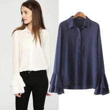 New spring autumn Women Long Flare Sleeve Pure Color Blouses Turn Down Collar Casual Woman Fashion Shirts White blue blouse