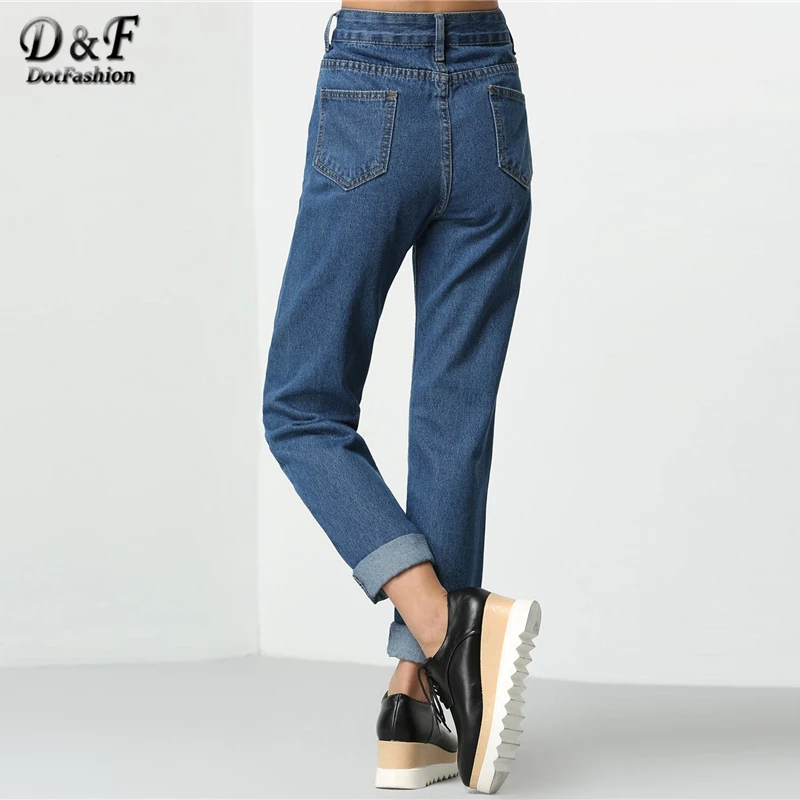 Dotfashion Blue Roll Cuff Boyfriend Jeans Woman 2019 Autumn Casual Straight Leg High Waist Jeans Streetwear Korean Fashion Pants Dotfashion Blue Roll Cuff Boyfriend Jeans Woman 2019 Autumn Casual Straight Leg High Waist Jeans Streetwear Korean Fashion Pants