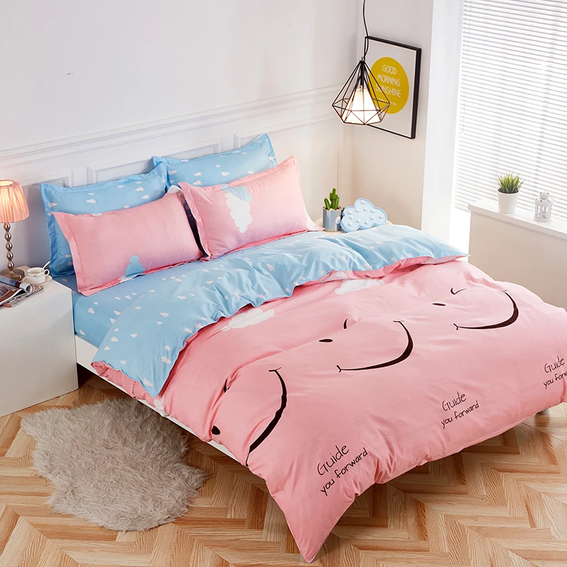 cheap lovely smiling face Princess pink blue bedding sets Duvet covers set bed sheet pillowcase Twin full Queen King size bedclothes