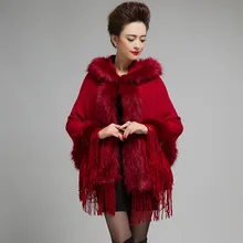 Осень зима с капюшоном Мех вязаный кардиган кисти Бахрома искусственный мех имитация лисы меховой воротник накидка из натуральной норки с кисточками пальто для женщин