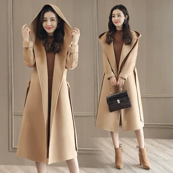 

New Autumn Winter Women Coat Plus Size Fashion Loose Solid Belt Slim MD-Long Hooded Woolen Blends Coat For Women Large Outerwear