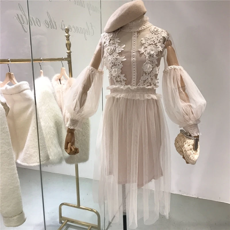 ربيع جديد الدانتيل فستان طويل فانوس كم عالية الخصر ضئيلة منظور الشاش المرأة مثير Vestidos حزب اللباس