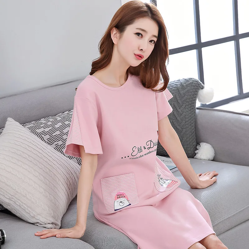 

3XL Cute Cotton Nightgown Women Short Sleeve Print Nightwear Sleepwear Female Cartoon Pocket Night Dress Home Sleepshirt Nighty
