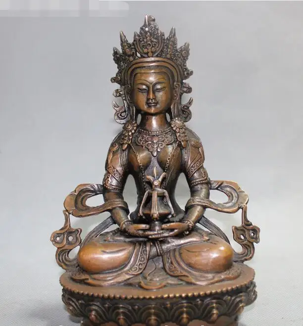 

9" China Religion Bronze Seat Lotus Flower Amitayus longevity God Goddess Statue