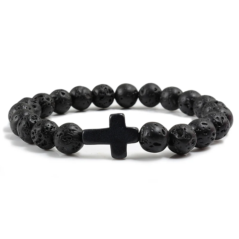 Trendy Jesus Cross Charm Blue Beaded Men Bracelets Black Lava Stone 8mm White Beads Bracelets Bangles for Women Yoga Jewelry