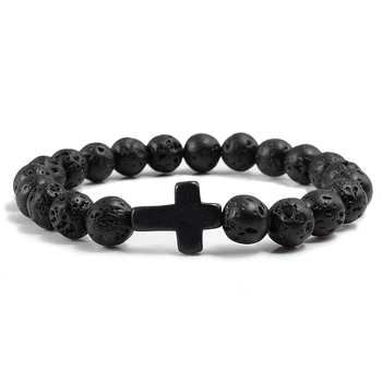 Trendy Jesus Cross Charm Blue Turquoises Men Bracelet Black Lava Stone 8mm White Beads Bracelets Bangles for Women Yoga Jewelry