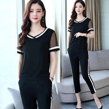 

Tracksuit Women Black Korean Mesh Casual Transparent Two Piece Set Plus Size Plus Size 2 Set Woman Stripe Lace Two Piece Sets