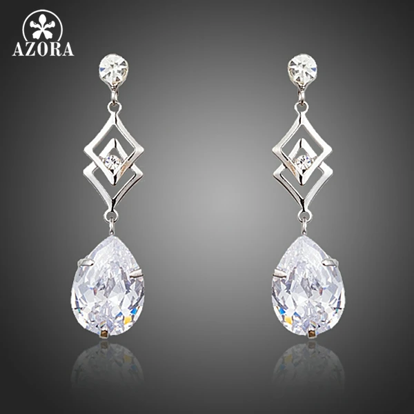 

AZORA Superimposed Rhombus Dangle with Elegant Pear Cut Top Grade Clear Cubic Zirconia Earrings For Women TE0263