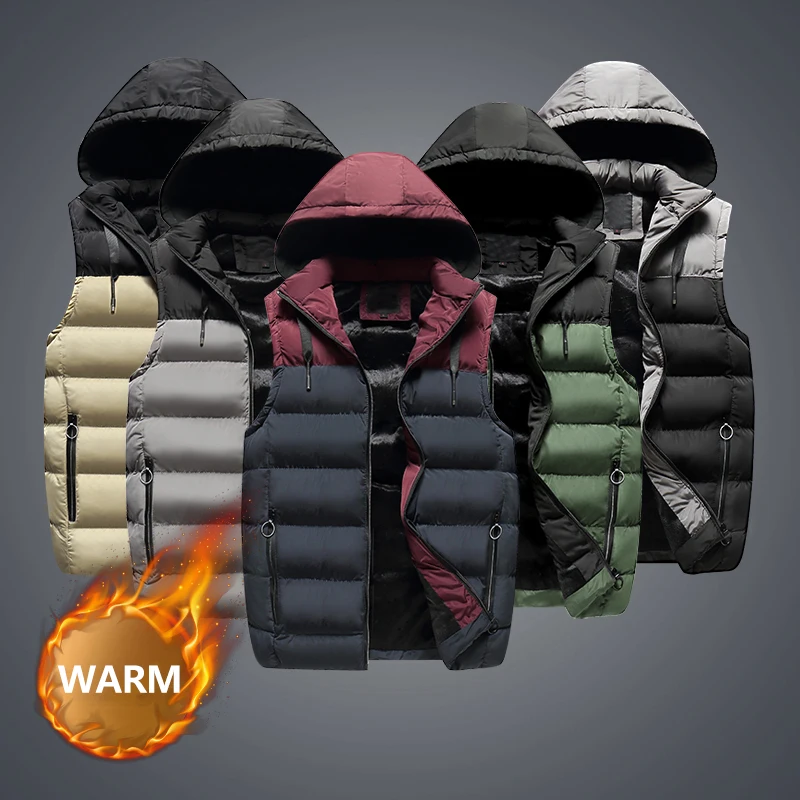 

Fashion Winter Men Vest Hooded Coat Spliced Patch Designs Thick Velvet Sleeveless Jacket Men Outwear Cotton Casual Warm Vest