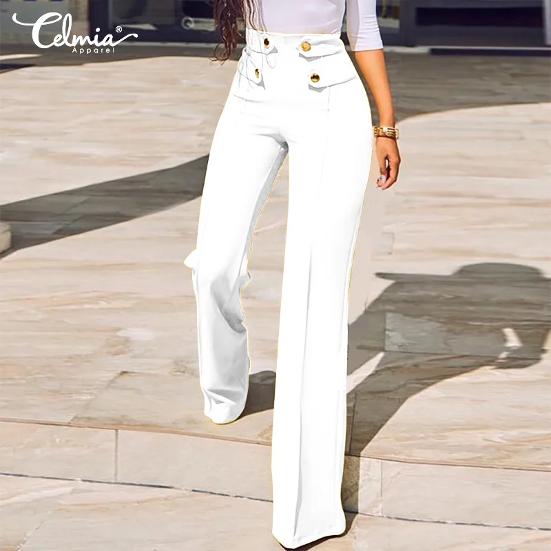 

Casual Wide Leg Pants High Waist Straight Pants Plus Size Bottom Women 2019 Celmia Autumn Solid Elastic Office Work Trousers 5XL