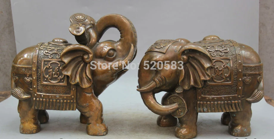 

10" Chinese Copper Fu Wealth Ru Yi Auspicious elephant Statue sculpture Pair