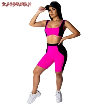 

RAISEVERN 2 Piece Set Women Crop Tops And Biker Shorts Sweat Suits Sexy Club Outfits Two Piece Casual Tracksuit Matching Sets