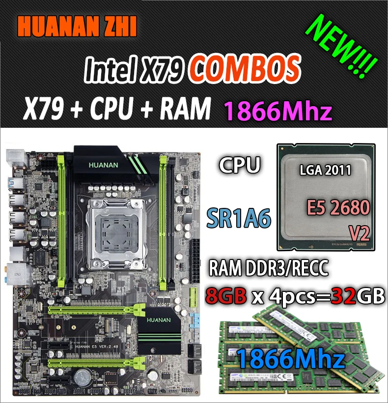 HUANAN ZHI V2.49 X79 материнская плата LGA2011 ATX combos E5 2680 v2 SR1A6 4x8 ГБ 32 1866 МГц USB3.0 SATA3 PCI E NVME M.2