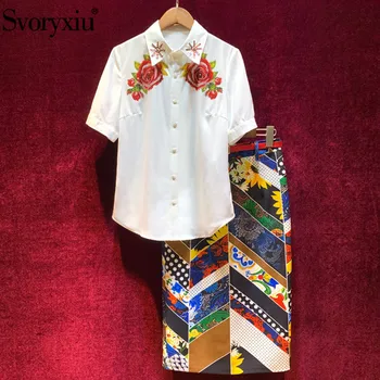 

Svoryxiu Runway Designer Summer Skirt Suit Women's White Short Sleeve Blouse + Color Matching Print Skirt Elegant Two Piece Set