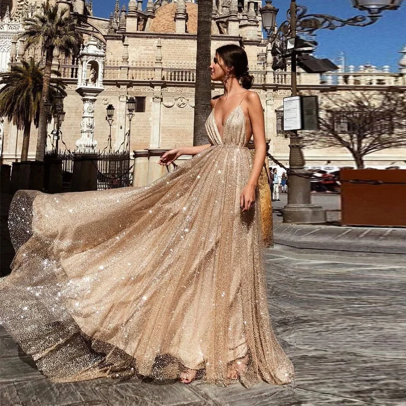 

Sexy maxi sequin dress V-necktie Dresses New Arrivals Luxury Elegant Long A Line Evening Dresses Pearls Party long dress