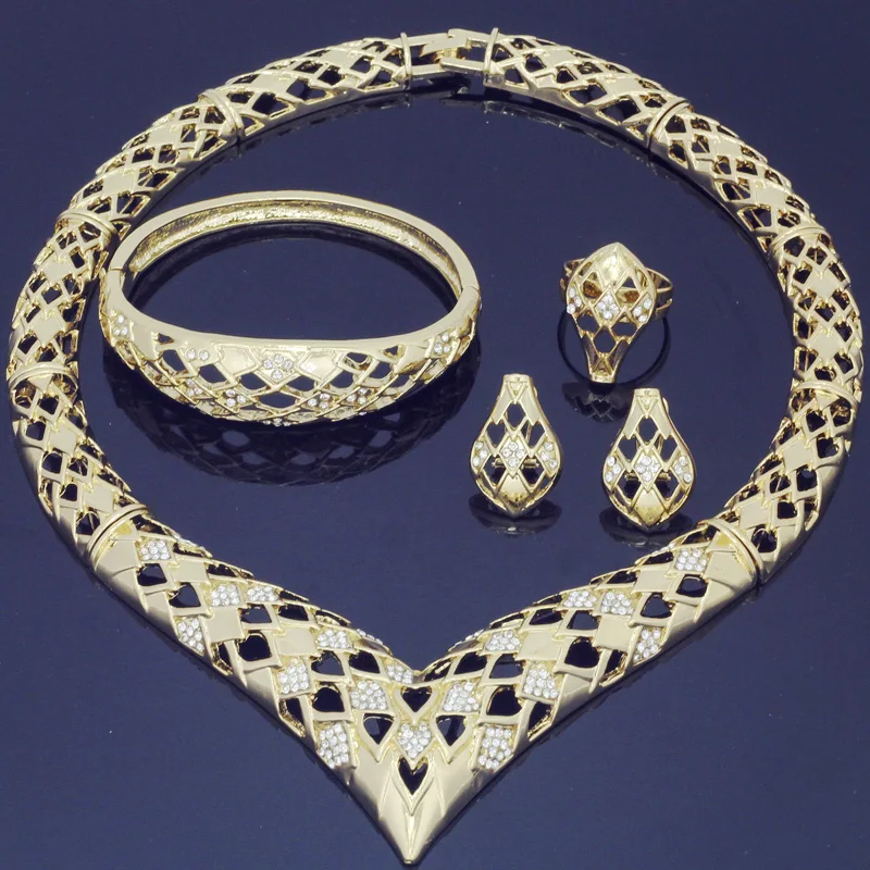 

2017 new sale Wholesale Dubai African Design Fashion Costume Crystal Earring Hollow Necklace Dubai Gold Jewelry Sets