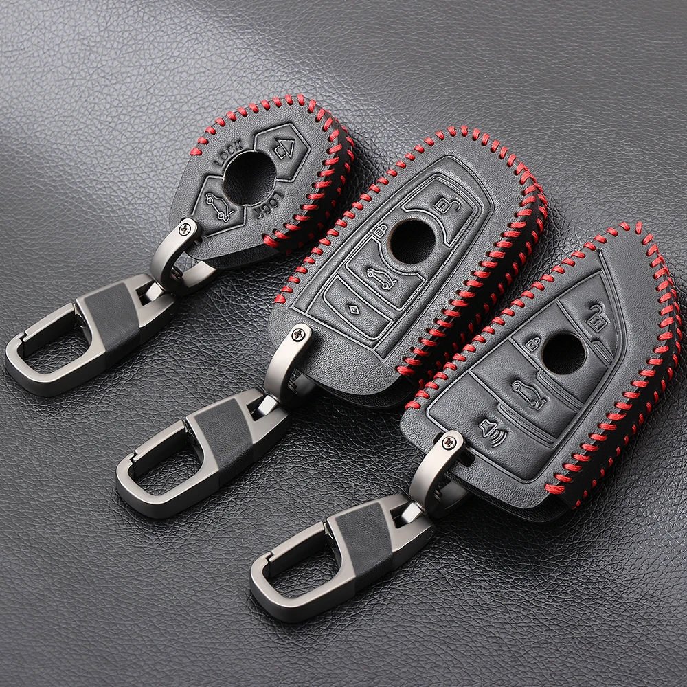 UK STOCK GENUINE Leather Key Fob Remote Holder Red Stitching for BMW E46 E39 X5 