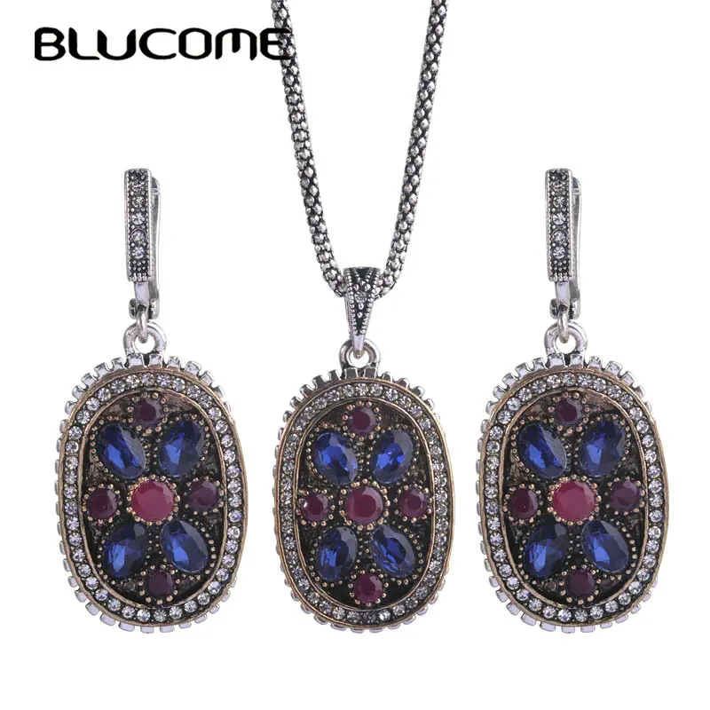 

Blucome Turkish Style Square Pendant Necklace Earrings Set Women Resin Flower Jewelry Set Rhinestone Feminine Party Accessories