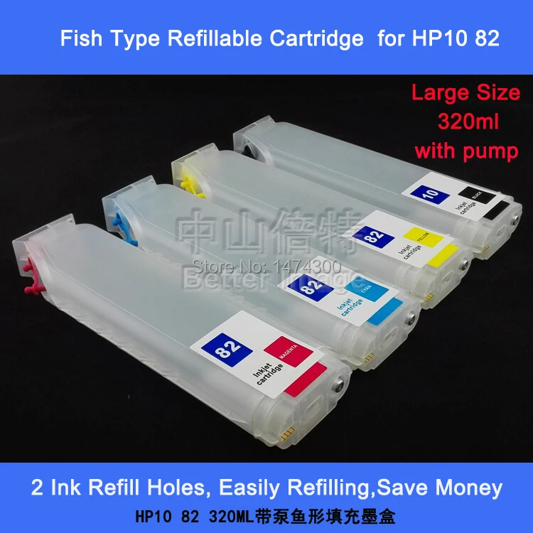

XIMO Free Shipping 4 Pack Ink Set use for HP10 82 C4844A C4911A C4912A C4913A ,with pump,fish type,320ml