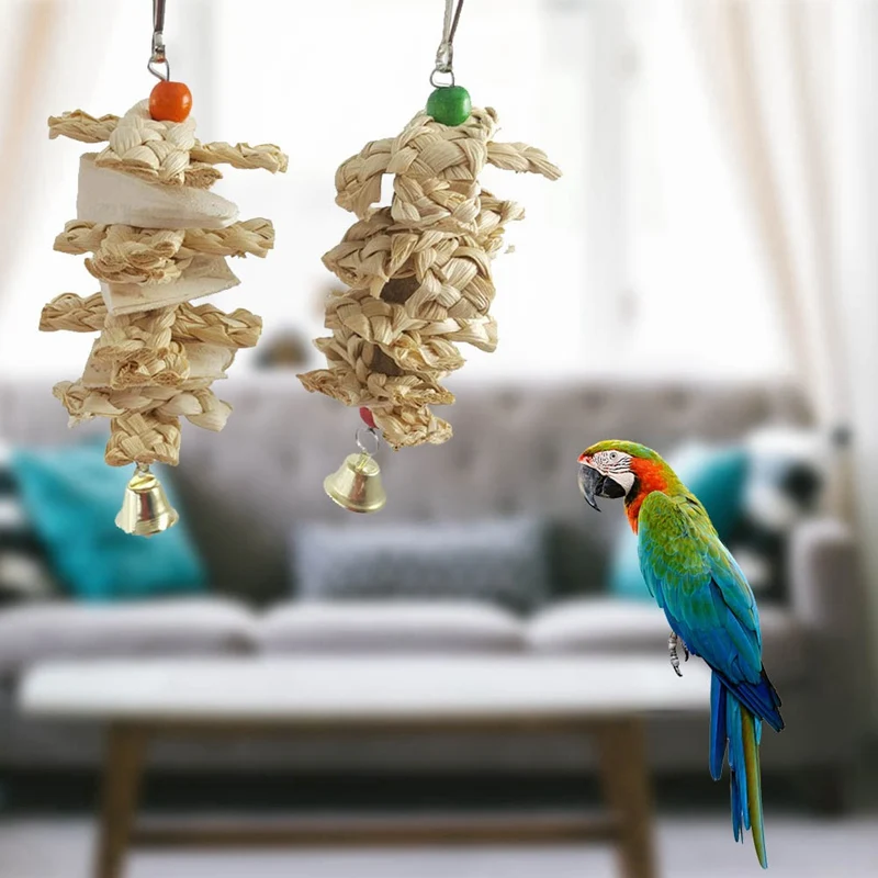 Pet Bird Parrot Chewing Hang Toys Natural Wooden Grass Chewing Bite Hanging Swing Climb Chew Toys Bird Supplies