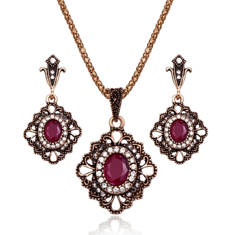 

Classic Geometric Pendant Crystal Resin Gem Necklace Earrings Sets Jewelry Vintage Square Ethnic Hollow Out Women Jewelry Sets