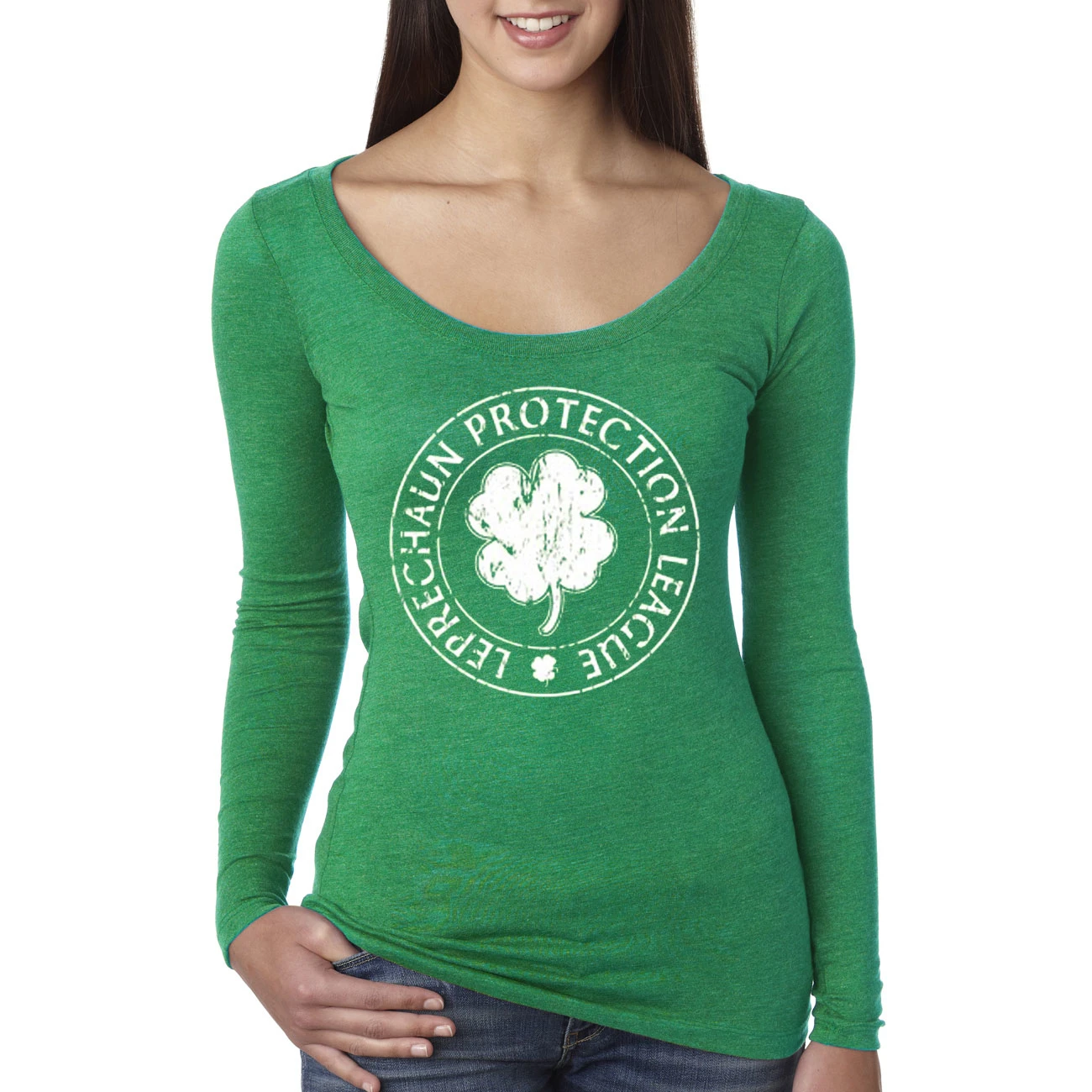 Leprechaun Protection League St. Patricks Day T Shirt (Womens Long Sleeve Scoop Neck)
