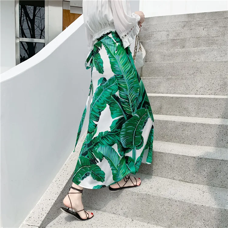 Папоротники тропическим принтом юбка с принтом комплект летней шифоновой длинная юбка с разрезами на завязках Для женщин пляжная юбка, саронг Saia