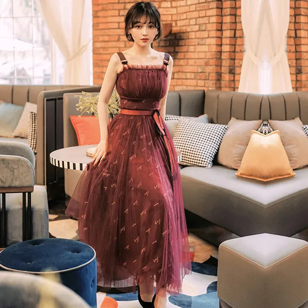 Yi Lin Kay Лето Новая мода подиум Вышивка Тюль Мини-Платье на бретельках высокая талия на шнуровке длинное платье Vestido - Цвет: wine red