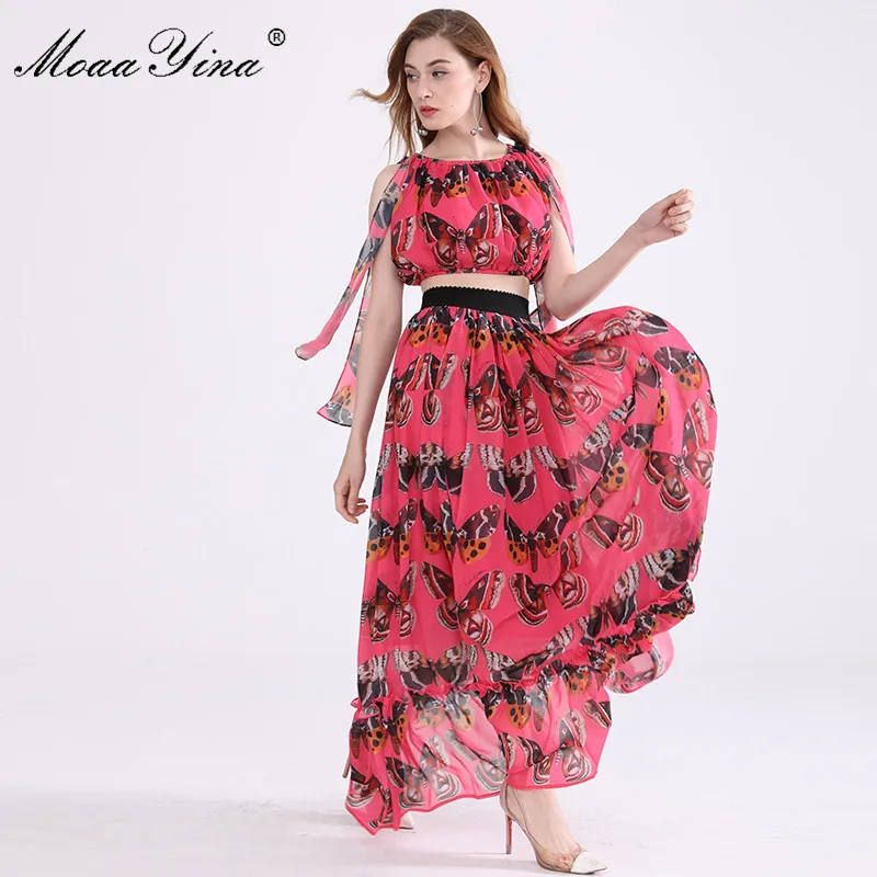 De Élégante Courte Créateur Papillon Femmes Blouse Qualité Bowknot Moaayina Haute Impression Jupe Mode Rouge Longue Romantique Ensemble D'été H6dcwqBx