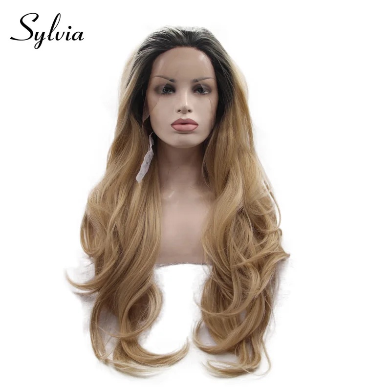 Sylvia Blonde Synthetic Lace Front Wigs With Dark Roots Body Wave Middle Part Long Heat Resistant Fiber Hair For Women