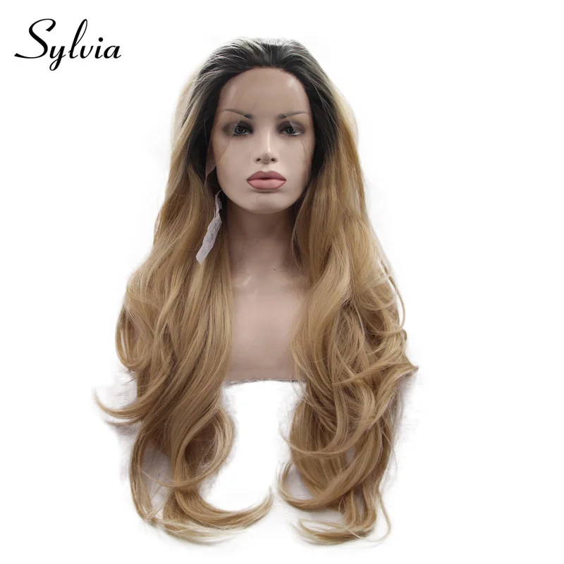Sylvia блонд синтетические парики на шнурках спереди с темными корнями объемная волна средняя часть длинные термостойкие волокна волос для