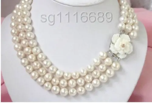 

hot triple strand 8-9 mm AAA natural freshwater Cultured white pearl necklace