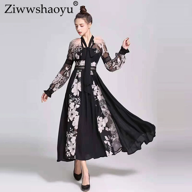 

Ziwwshaoyu Elegant Feathers collar Party long dresses Lace Embroidery Floral temperament dress 2019 spring and summer new women