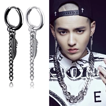 

Hot Punk Men Women Earring Stainless Steel Dangle Feather Ear Stud Hoop Jewelry Earring Street fashion Long Female Male Earring