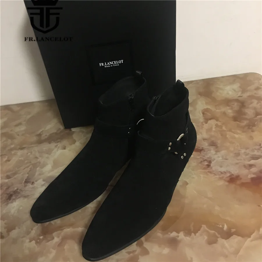 Индивидуальный эксклюзивный острый носок замши черный пояса из натуральной кожи тонкий дизайн клин ремешок на щиколотке мужские короткие сапоги
