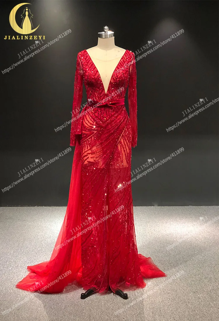 JIALINZEYI настоящий образец красного цвета с длинными рукавами и бусинами, сексуальный v-образный вырез, кристальная Русалочка платья для торжеств вечерние платья