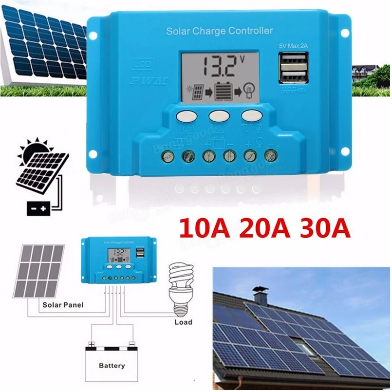 

10A 20A 30A LCD PWM Solar Panel Charge Controller Battery Regulator 12V/24V with Dual USB High Quality