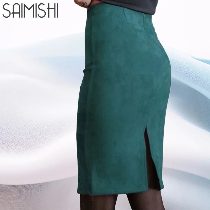 Super Deals Fashion Women Suede Solid Color Pencil Skirt Female Spring Autumn Basic High Waist Bodycon Split Knee Length Skirts|colorful pencil