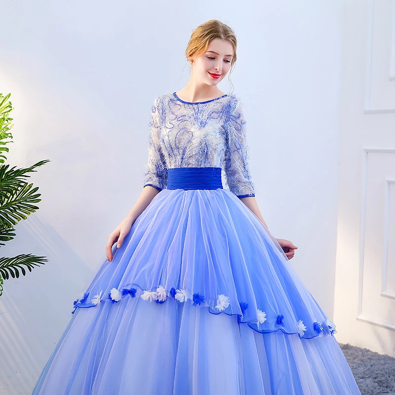 Clearance SSYFashion New Banquet Elegant Evening Dress Half Sleeved A-line Floor-length Blue Feather Prom Party Gown Custom Formal Dresses 4