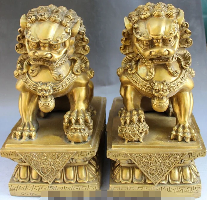 

13" Chinese Folk Classical Bronze Guardian Foo Fu Dog Door Lion Ball Statue Pair R0709